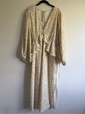 Topshop Floral Pink & Green Longsleeve Open Back Maxi Dress